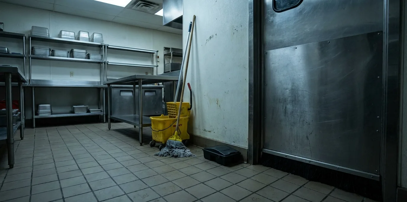 Cleaned restaurant kitchen with a tamper-resistant rodent station on the tile floor beside the rear steel door