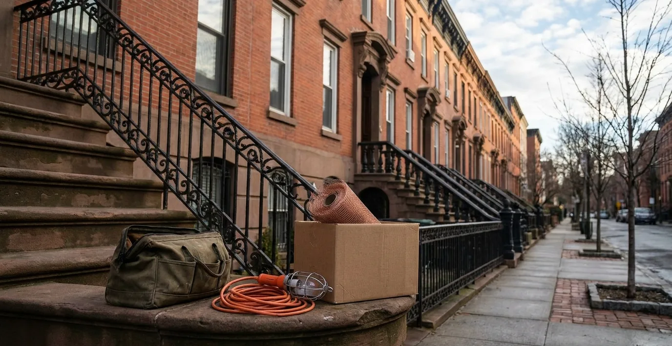 Canvas tool bag, work light and copper mesh resting on the steps of a brownstone stoop
