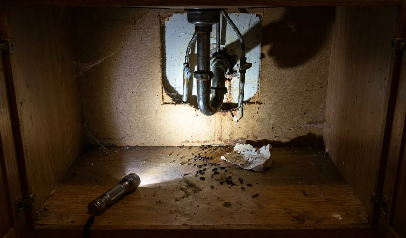 Mouse droppings below an oversized pipe hole at the back of an emptied kitchen sink cabinet
