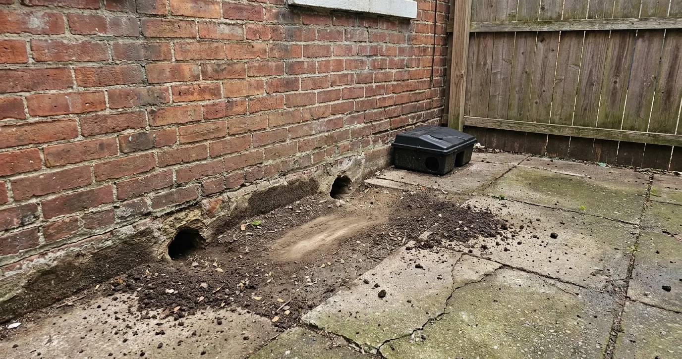 Fresh rat burrow openings in bare soil along the brick foundation of a Hoboken rear yard, beside a lidded bait station