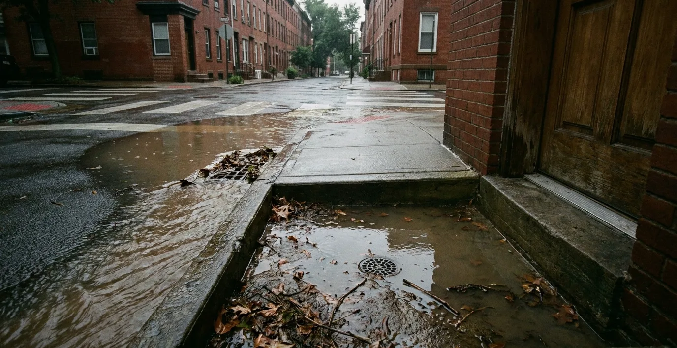 Standing water around the drain of a sunken areaway on a low-lying Hoboken row-house block after heavy rain