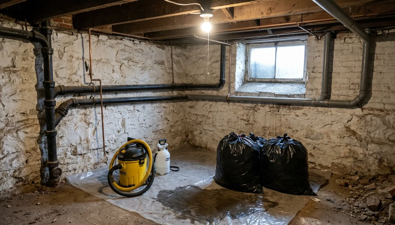 HEPA vacuum, disinfectant sprayer and bagged nesting debris in a cleared corner of a row-house cellar