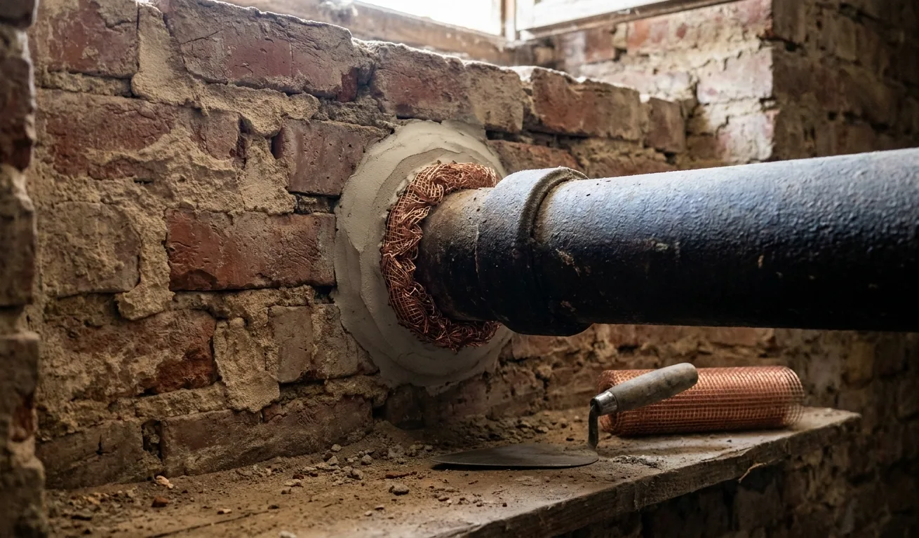 Copper mesh and a fresh mortar collar sealing the gap around a cast-iron pipe in old brick