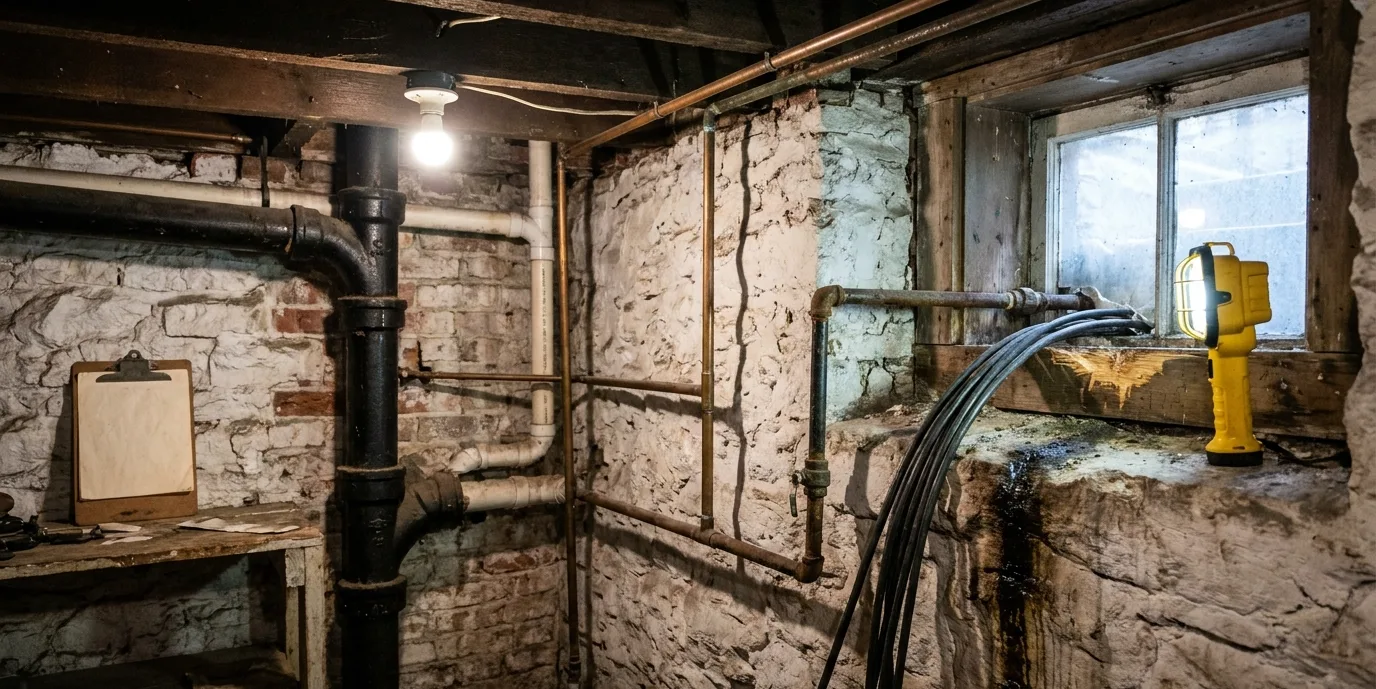 A work light aimed at cables and pipes entering through a stained wall in an old brick cellar
