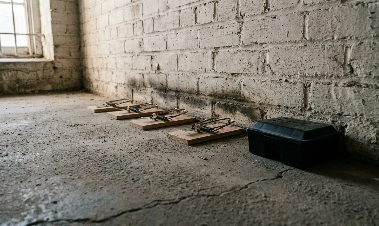 Snap traps set end to end along a rub line at the base of a whitewashed cellar wall